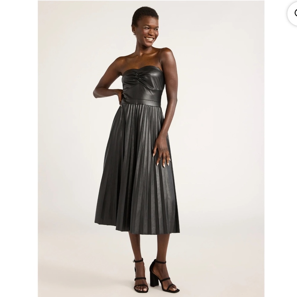 Scoop Women's Ultimate Faux Leather Strapless Pleated Midi Dress